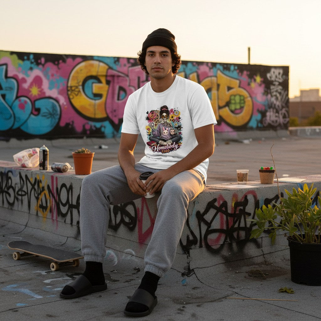 Hispanic man in urban streetwear wearing a white t-shirt.