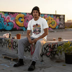 Hispanic man in urban streetwear wearing a white t-shirt.