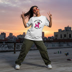 Hispanic woman in streetwear wearing a white t-shirt.