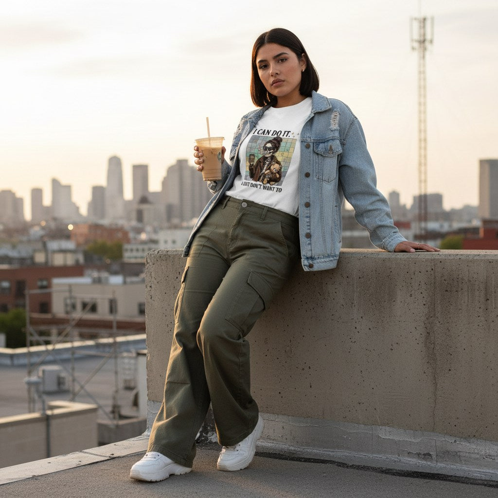 Hispanic woman wearing a white t-shirt in an urban streetwear setting
