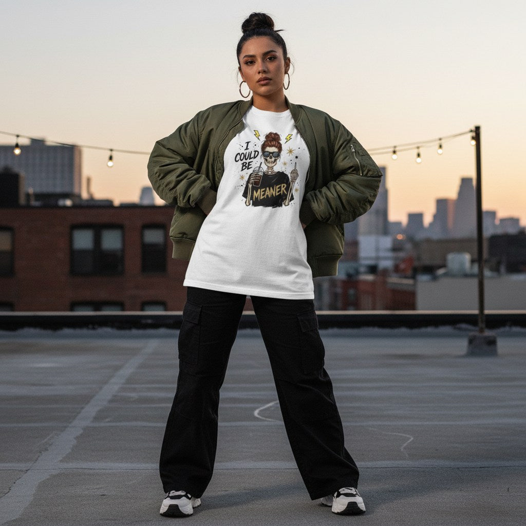 Hispanic woman in streetwear wearing a white t-shirt.