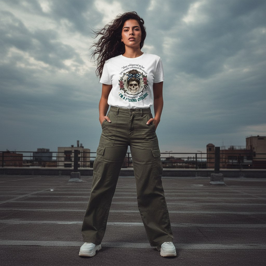 Hispanic woman in streetwear style wearing a white floral skull t-shirt.
