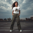 Hispanic woman in streetwear style wearing a white floral skull t-shirt.