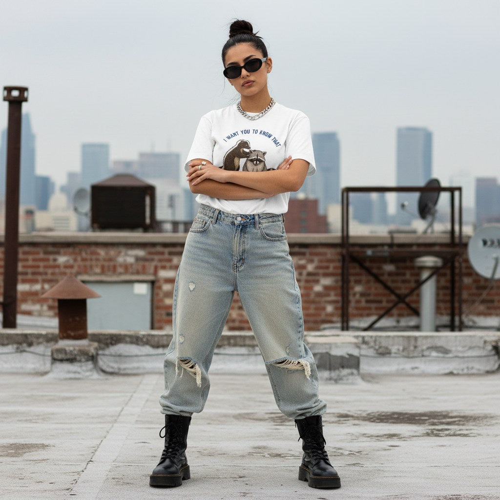 Hispanic woman in streetwear posing on an urban street