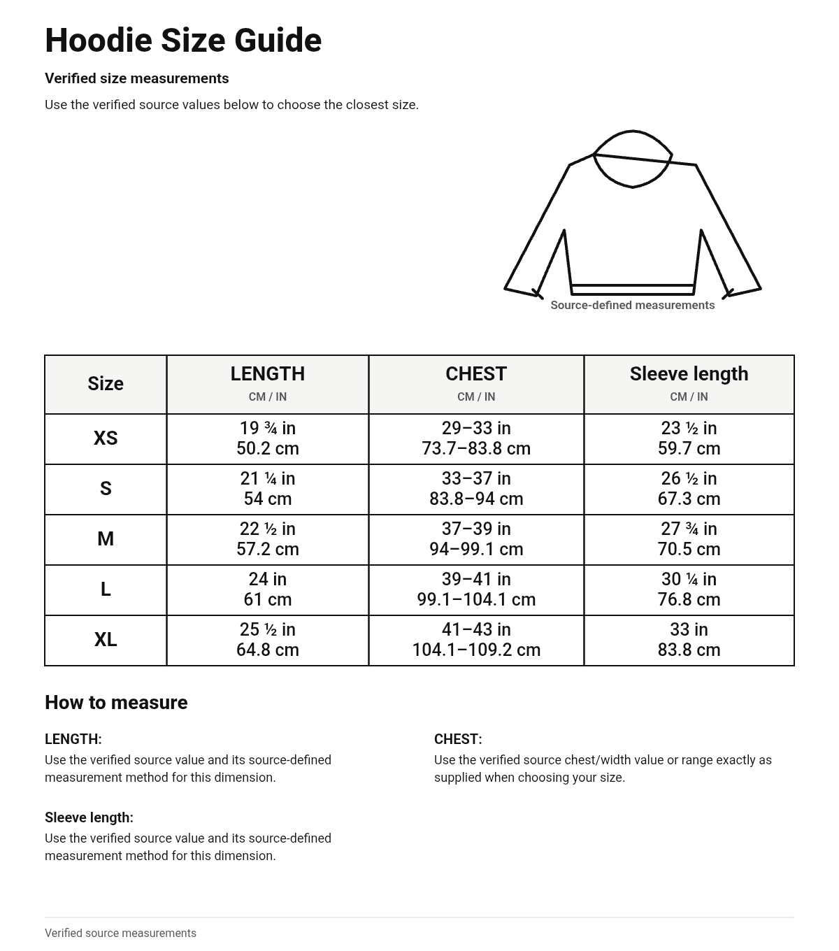 Size guide for Hoodie