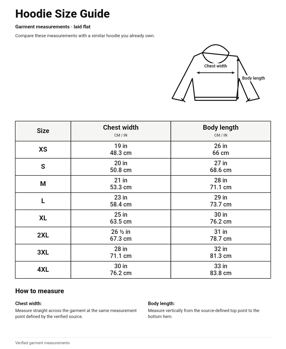 Size guide for Hoodie