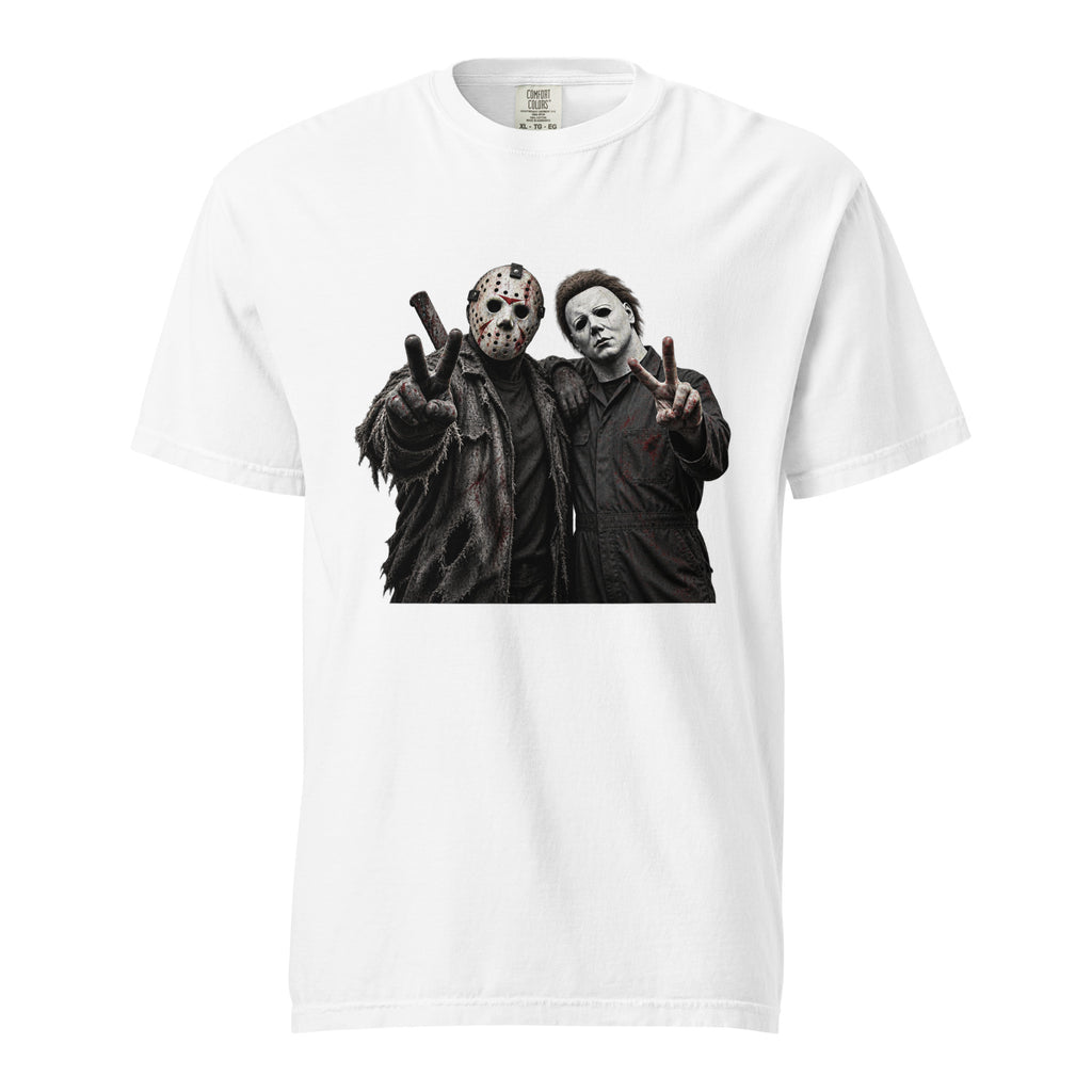 White T-shirt with a central graphic of Jason Voorhees and Michael Myers wearing masks and making peace signs.