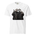 White T-shirt with a central graphic of Jason Voorhees and Michael Myers wearing masks and making peace signs.