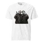 White T-shirt with a central graphic of Jason Voorhees and Michael Myers wearing masks and making peace signs.