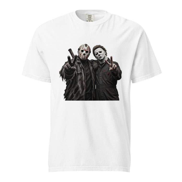 White T-shirt with a central graphic of Jason Voorhees and Michael Myers wearing masks and making peace signs.