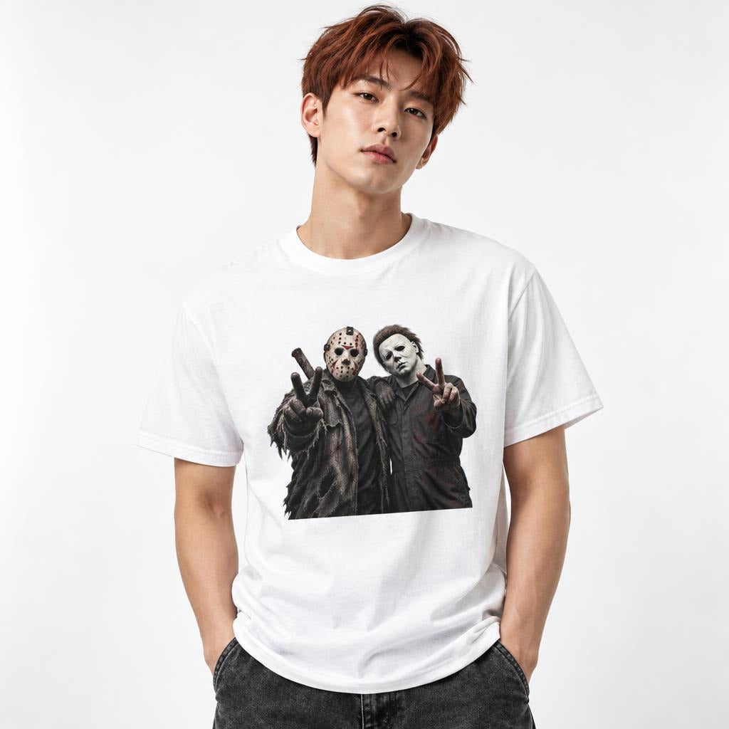 Model wearing a White T-shirt with Jason Voorhees and Michael Myers in masks making peace signs on the front.