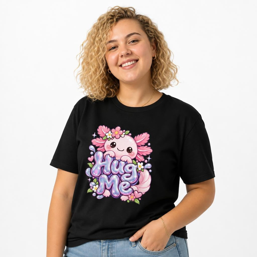 Hug Me Axolotl Axolotl Graphic t shirt in Black worn by a studio model in an upper-body three quarter left pose on a clean white background
