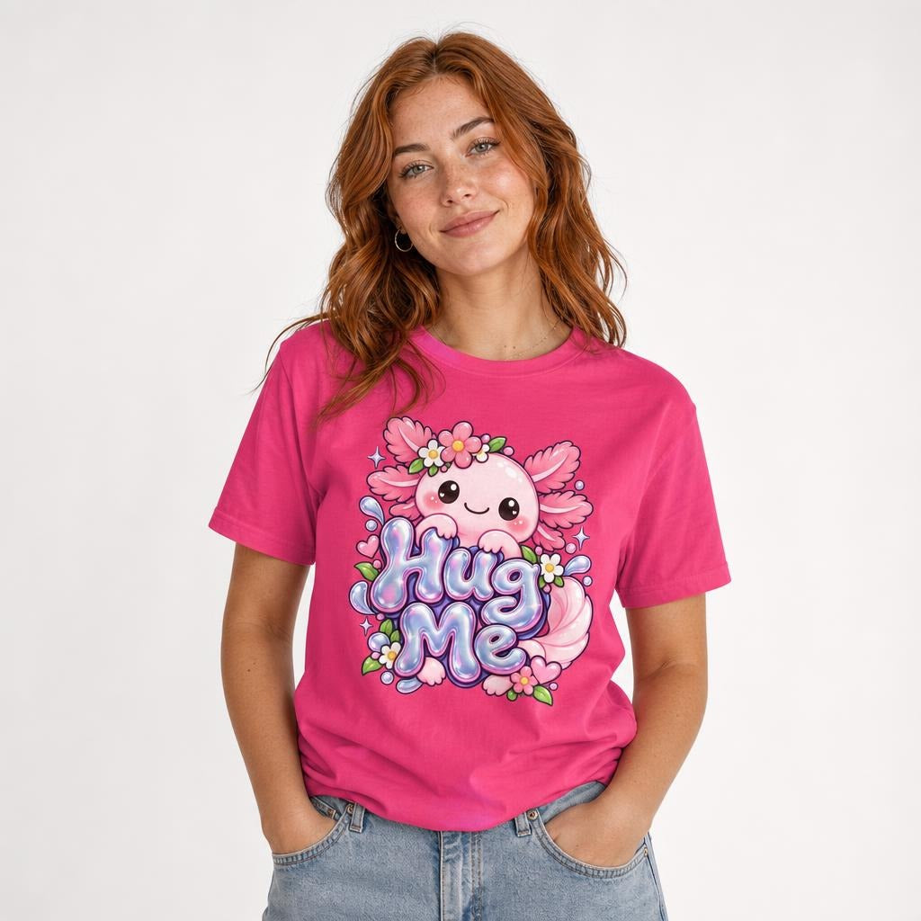 Hug Me Axolotl Axolotl Graphic t shirt in Heliconia worn by a studio model in an upper-body front relaxed pose on a clean white background