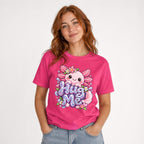 Hug Me Axolotl Axolotl Graphic t shirt in Heliconia worn by a studio model in an upper-body front relaxed pose on a clean white background