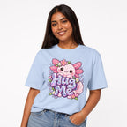Hug Me Axolotl Axolotl Graphic t shirt in Light Blue worn by a studio model in an upper-body three quarter right pose on a clean white background
