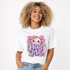 Hug Me Axolotl Axolotl Graphic t shirt in White worn by a studio model in an upper-body walking pose on a clean white background