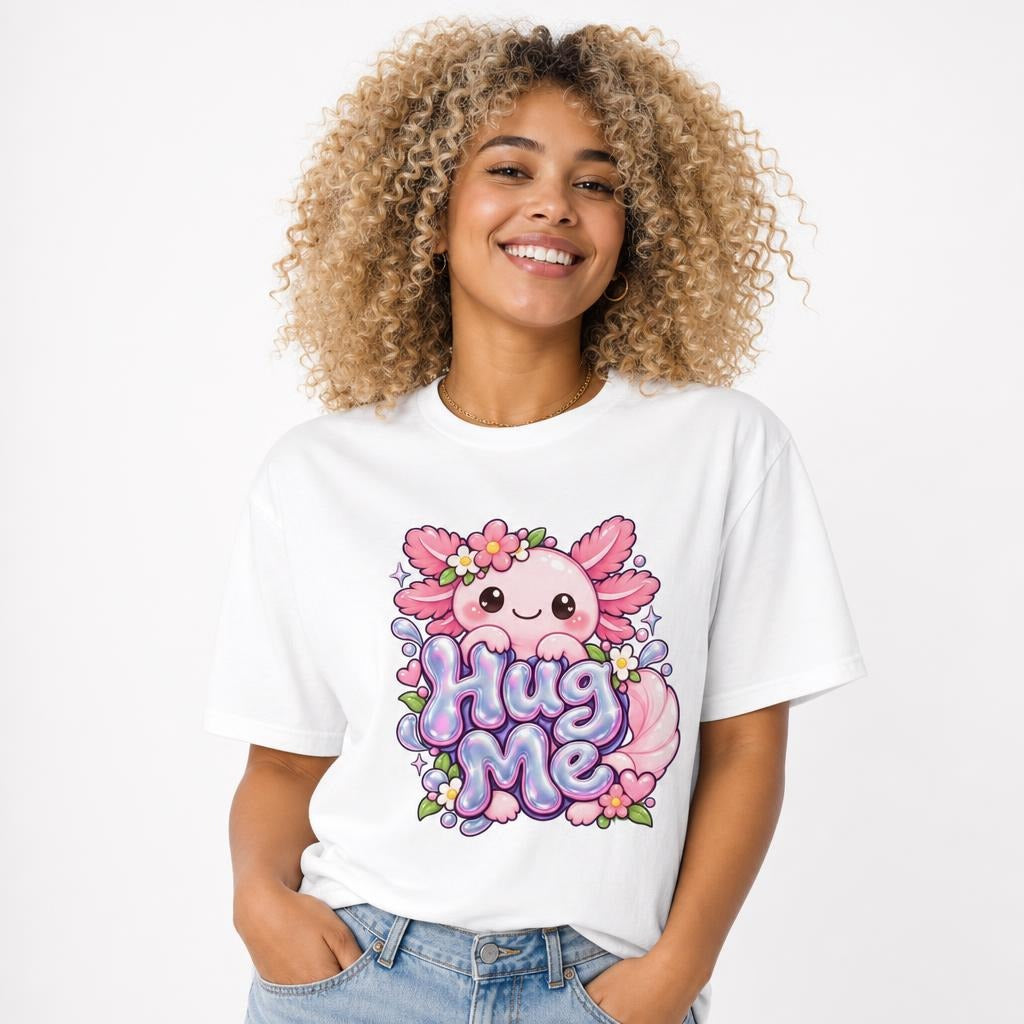 Hug Me Axolotl Axolotl Graphic t shirt in White worn by a studio model in an upper-body walking pose on a clean white background