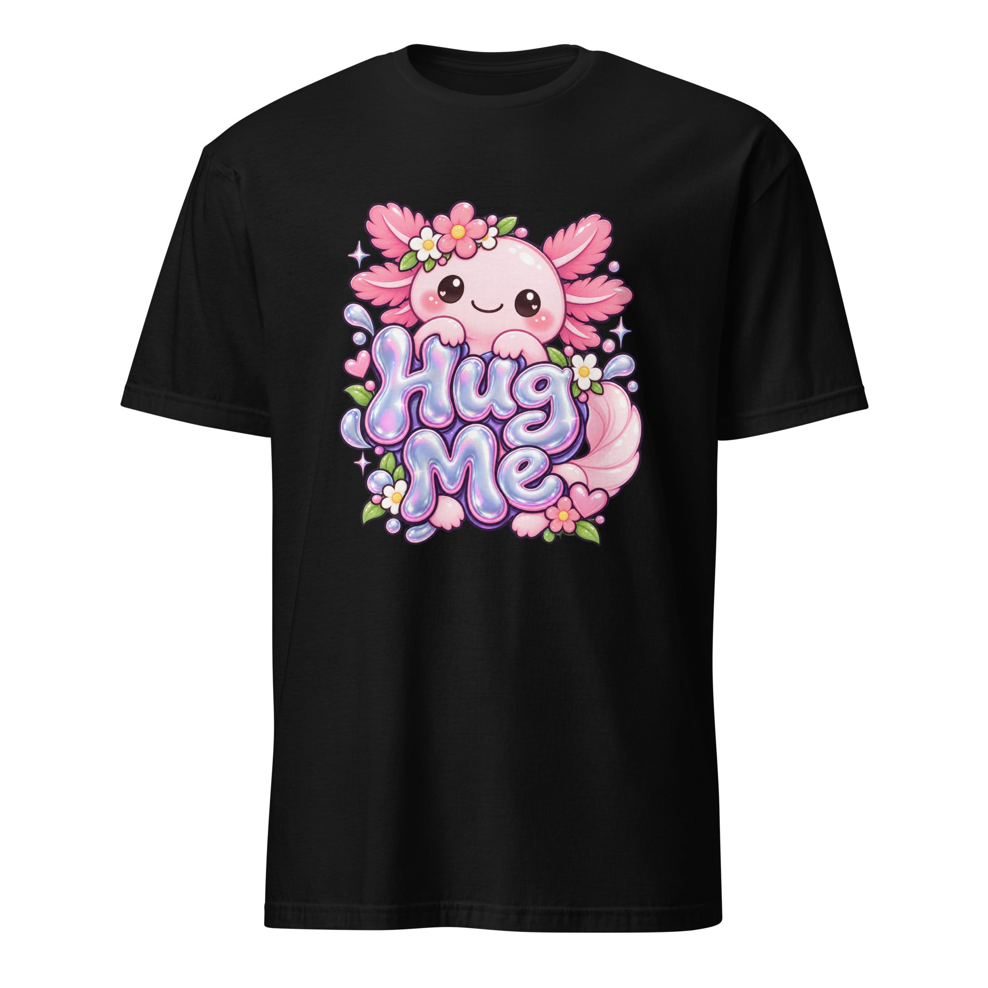 Black T-shirt featuring a pink axolotl surrounded by flowers and sparkles, with readable “Hug Me” lettering.