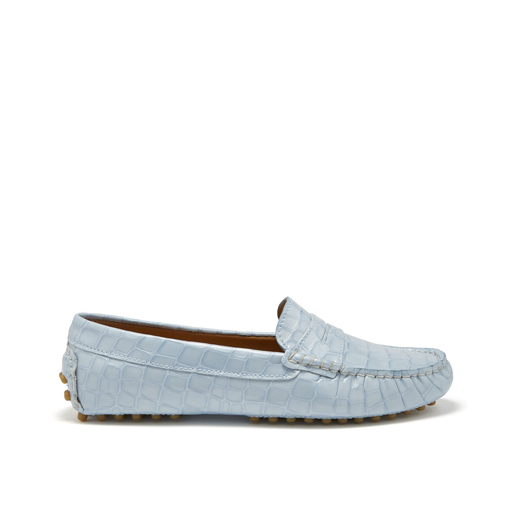 Hugs & Co Womens Penny Driving Loafers Powder Blue Print Patent Leather