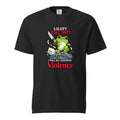 Front view of a black T-shirt featuring a green frog holding a knife above stylized waves, with bold “I SLEPT LIKE SHIT” text.