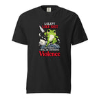Front view of a black T-shirt featuring a green frog holding a knife above stylized waves, with bold “I SLEPT LIKE SHIT” text.