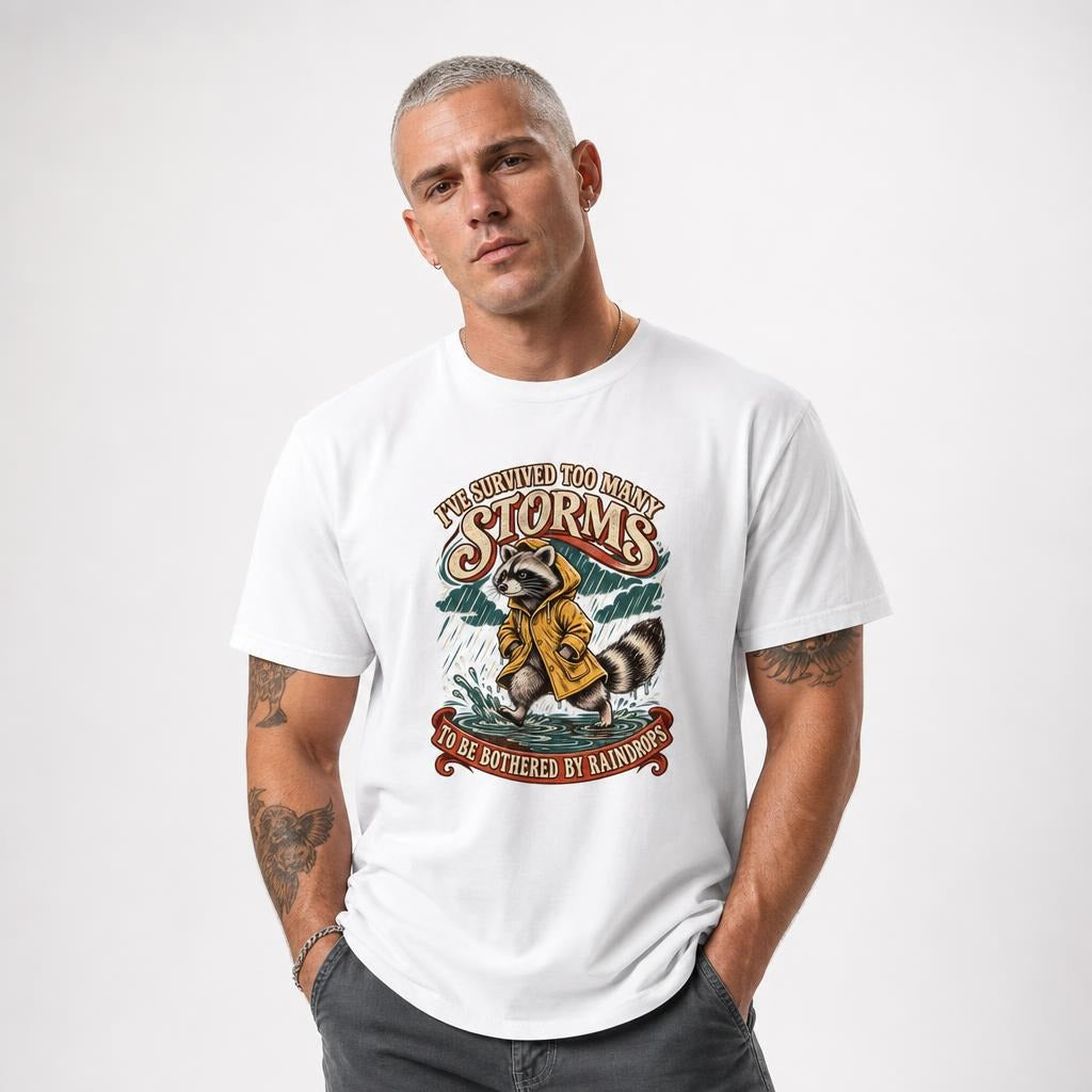 I Ve Survived Too Many Storms Funny Raccoon t shirt in White worn by a studio model in an upper-body walking pose on a clean white background