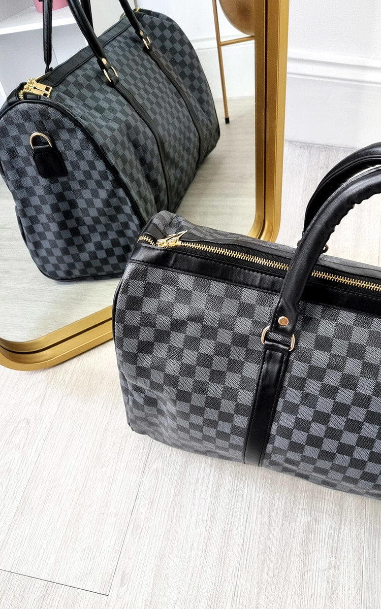 Indigo Checked Print Overnight Travel Bag
