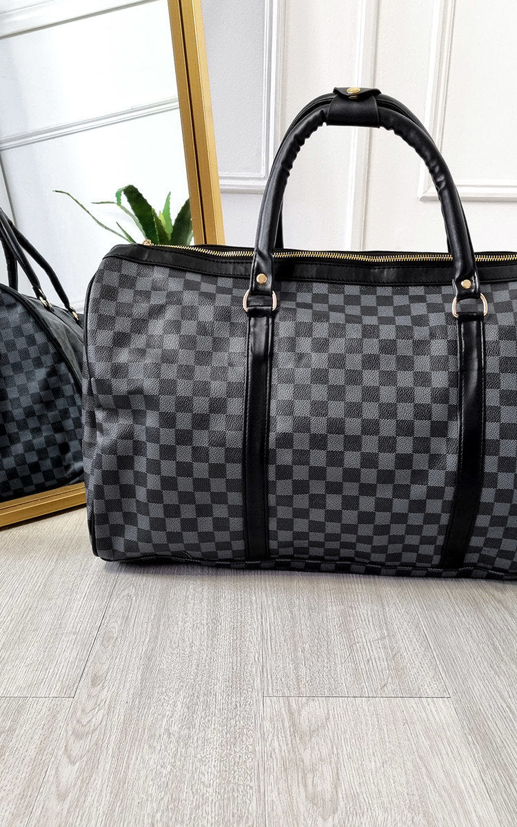 Indigo Checked Print Overnight Travel Bag