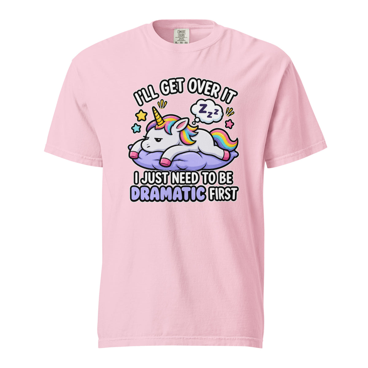 Front view of a Blossom T-shirt featuring a colourful cartoon unicorn resting on a purple cloud with a sleeping thought bubble, stars and rainbow mane.