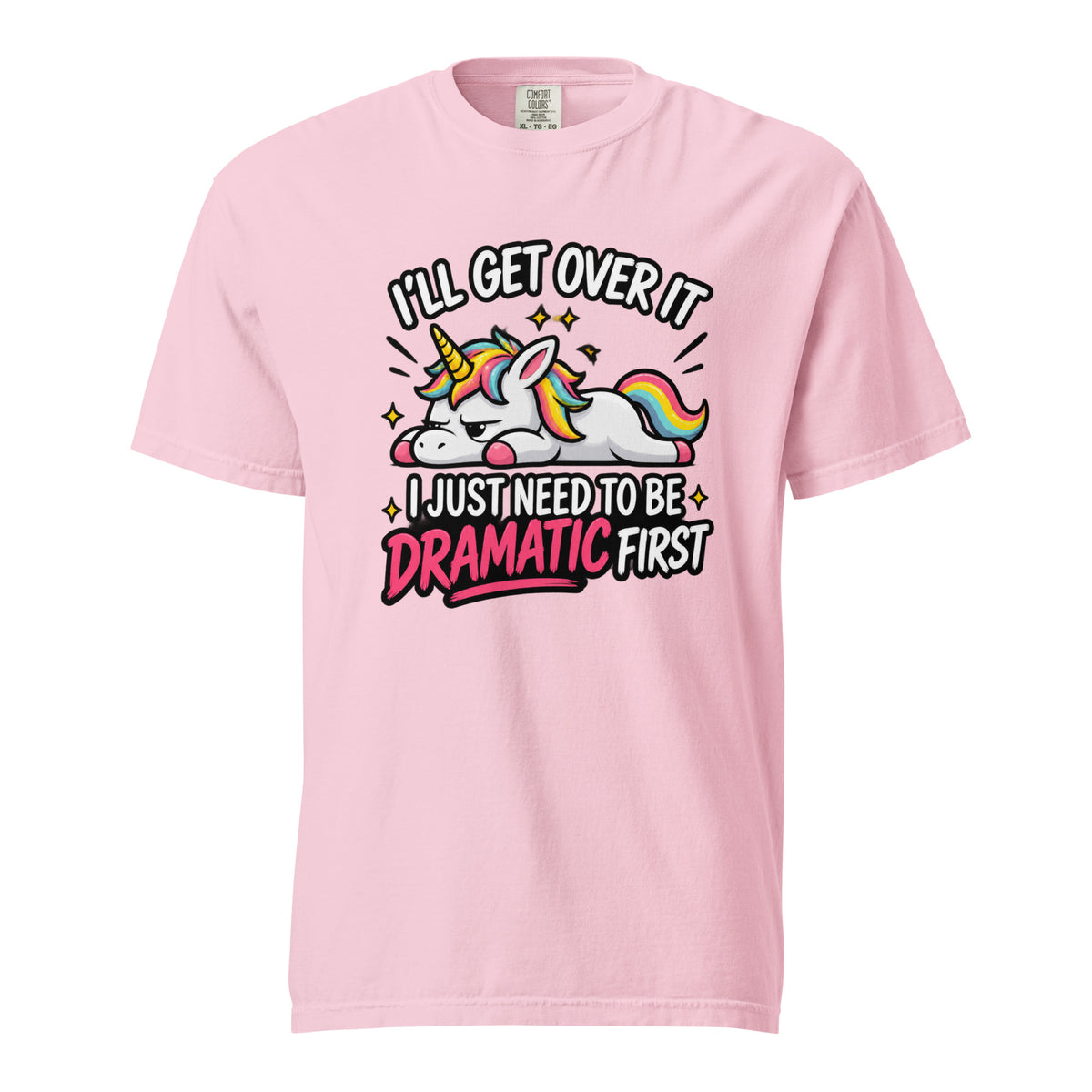 Front view of a Blossom T-shirt featuring a colourful cartoon unicorn with a rainbow mane and tail and dramatic lettering.