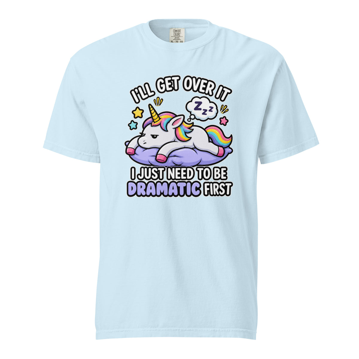 Front view of a Chambray T-shirt featuring a colourful cartoon unicorn resting on a purple cloud with stars, rainbow mane and text.