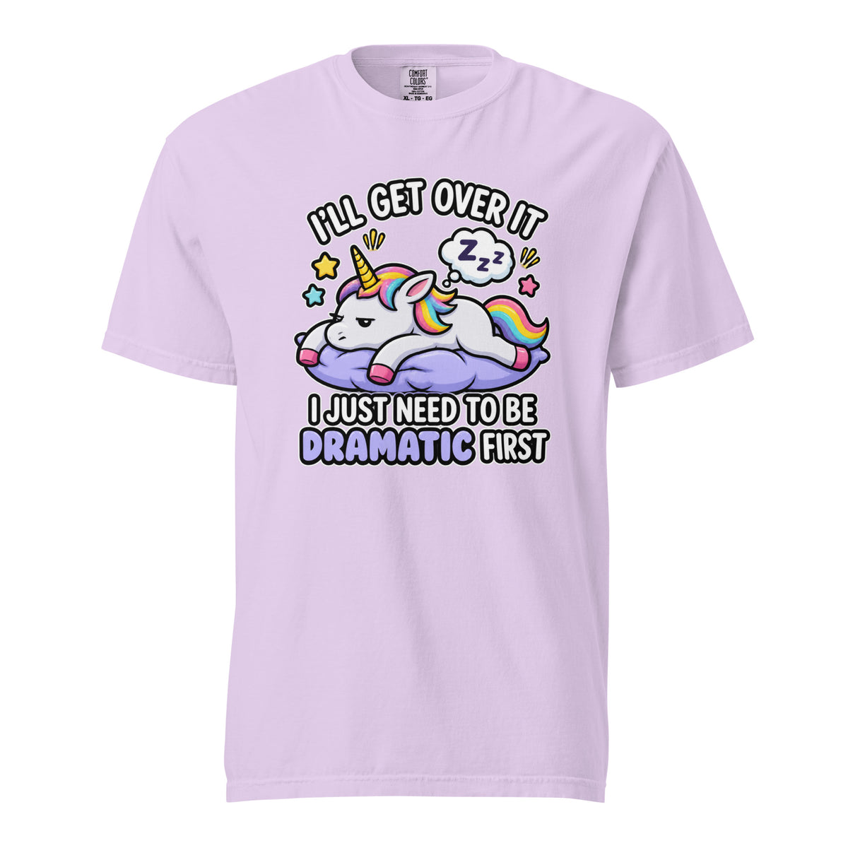 Front view of an Orchid T-shirt with a colourful cartoon unicorn resting on a purple cloud, rainbow mane, stars, and a sleeping thought bubble.