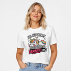 Front view of a model wearing a white T-shirt with a colourful cartoon unicorn and the text “I’LL GET OVER IT I JUST NEED TO BE DRAMATIC FIRST.”