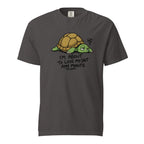 Front view of a graphite T-shirt with a tired cartoon turtle, stress mark, and the text “I’M ABOUT TO LOSE MY SHIT ANY MINUTE.”
