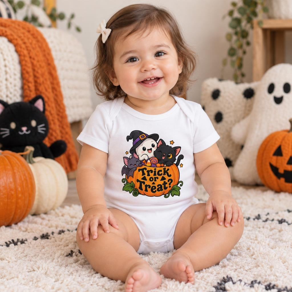 Baby wearing a white short sleeve bodysuit with two black cats, pumpkins, and a Trick or Treat Halloween design