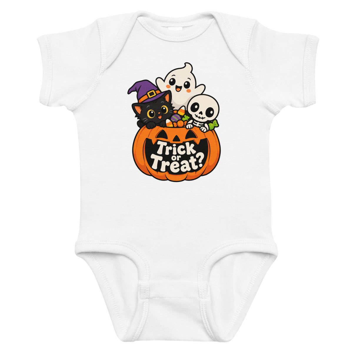 White baby short-sleeve bodysuit with a colourful jack-o'-lantern reading “Trick or Treat?”, a witch-hat cat, ghost and skeleton.