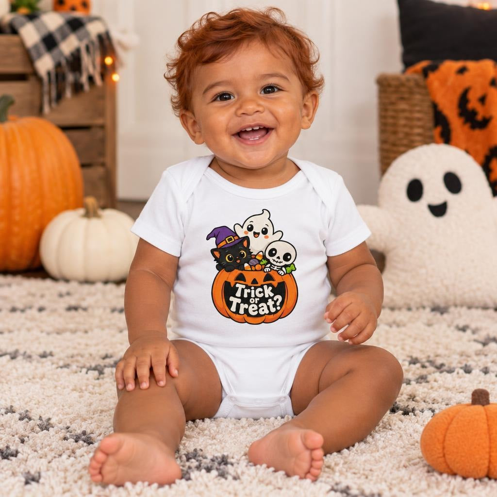 Baby wearing a white short-sleeve bodysuit with a jack-o'-lantern reading “Trick or Treat?”, a black cat, ghost, and skeleton.