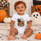 Baby wearing a white short-sleeve bodysuit with a jack-o'-lantern reading “Trick or Treat?”, a black cat, ghost, and skeleton.