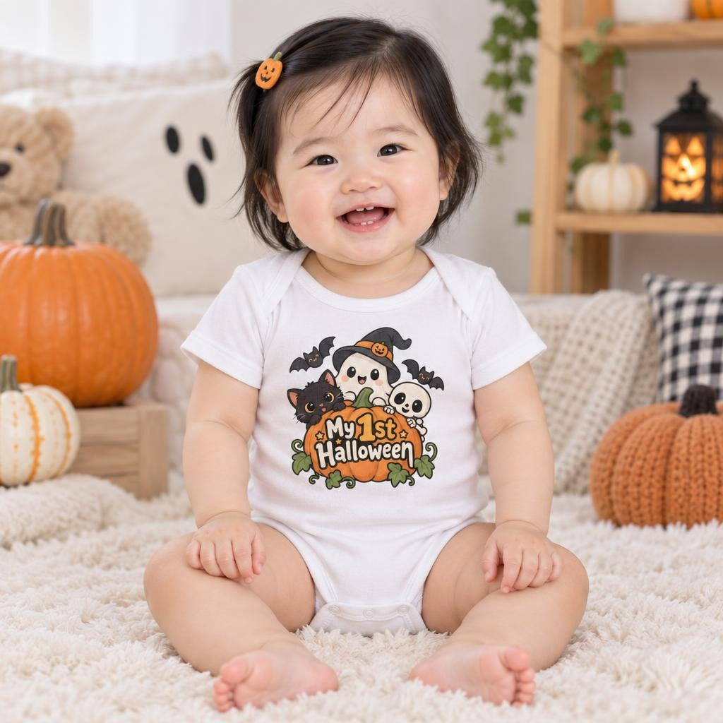 Front view of a baby wearing a white bodysuit with a colorful Halloween character graphic and “My 1st Halloween” text.