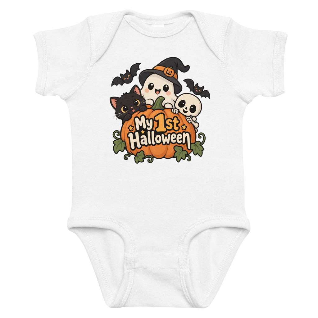 Front view of a white baby short sleeve bodysuit with a cute Halloween witch, cat, ghost, bats, and pumpkin graphic