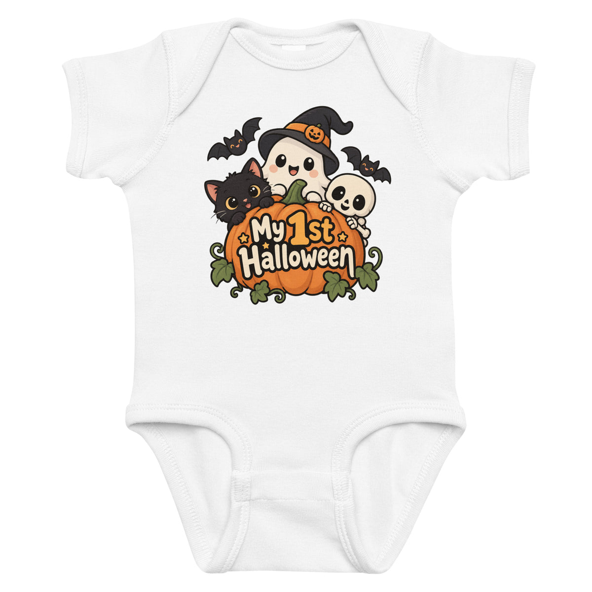 Front view of a white baby short sleeve bodysuit with a cute Halloween witch, cat, ghost, bats, and pumpkin graphic