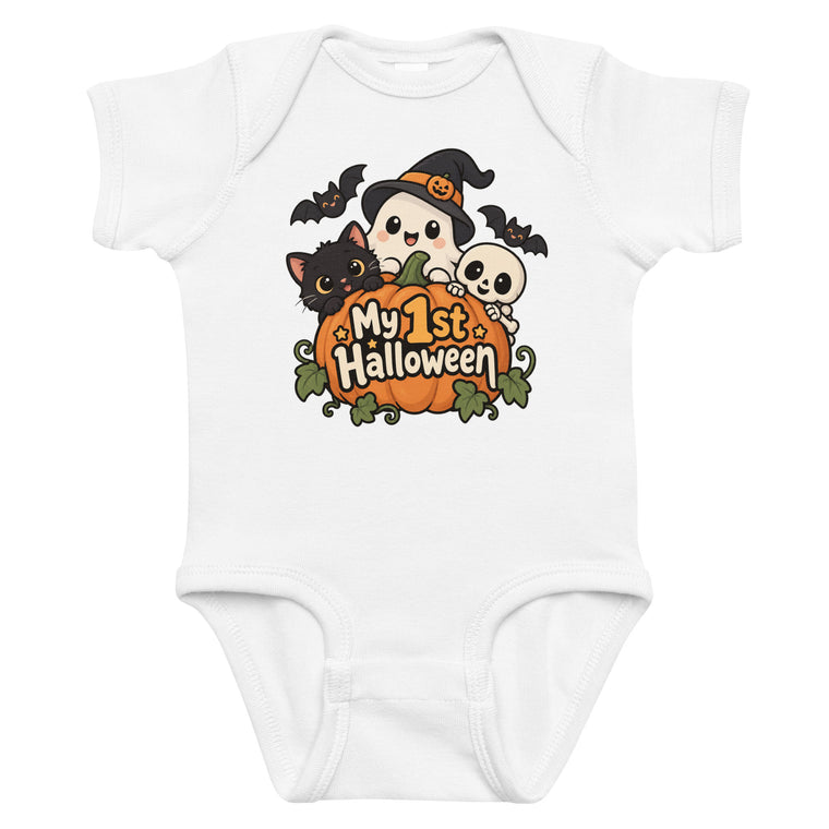 Front view of a white baby short sleeve bodysuit with a cute Halloween witch, cat, ghost, bats, and pumpkin graphic
