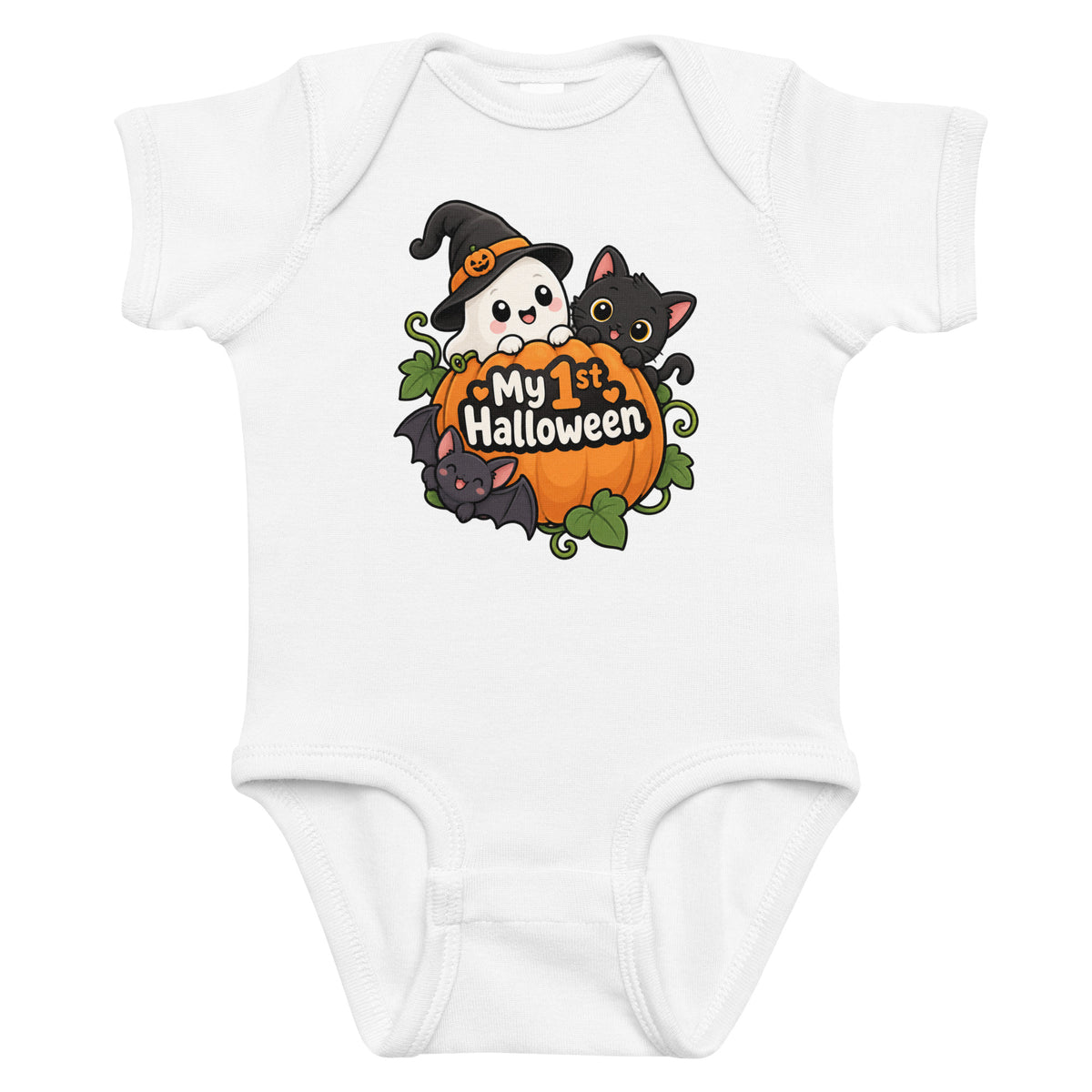 Front view of a white baby short sleeve bodysuit with a pumpkin, black cat, and readable “My 1st Halloween” artwork.