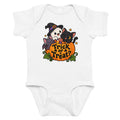 Front view of a white baby short sleeve bodysuit with a Halloween pumpkin, witch, black cat, bat, and “Trick or Treat!” artwork.