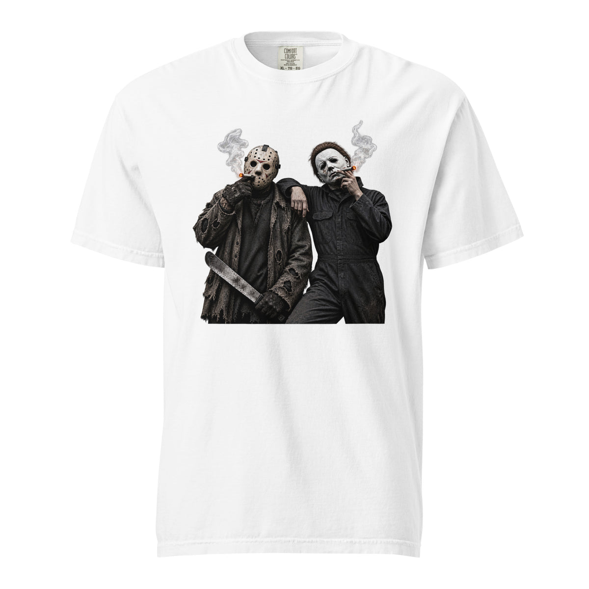 White T-shirt featuring Jason Voorhees and Michael Myers smoking, with masks, smoke, and a machete in monochrome artwork.