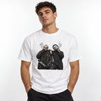 Model wearing a white T-shirt featuring Jason Voorhees and Michael Myers smoking, with Jason holding a machete and smoke around them.