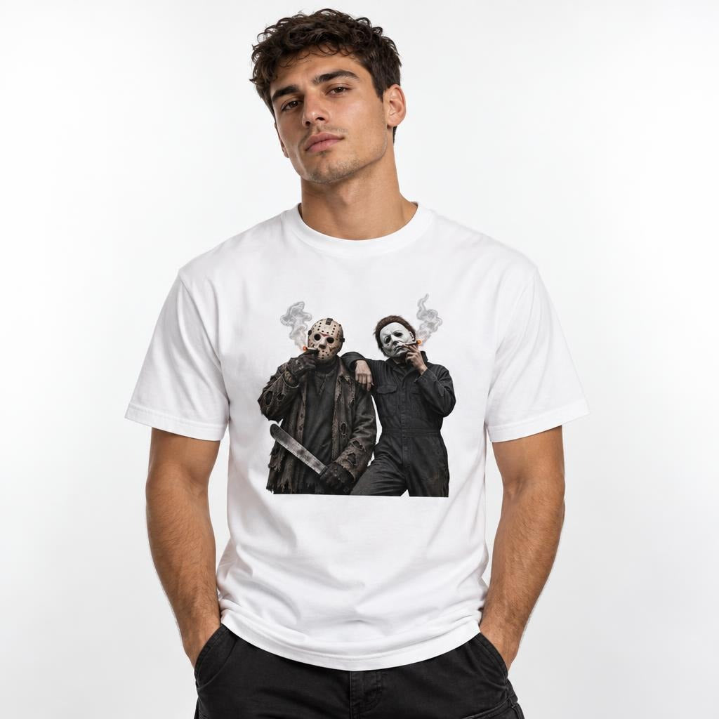Model wearing a white T-shirt featuring Jason Voorhees and Michael Myers smoking, with Jason holding a machete and smoke around them.