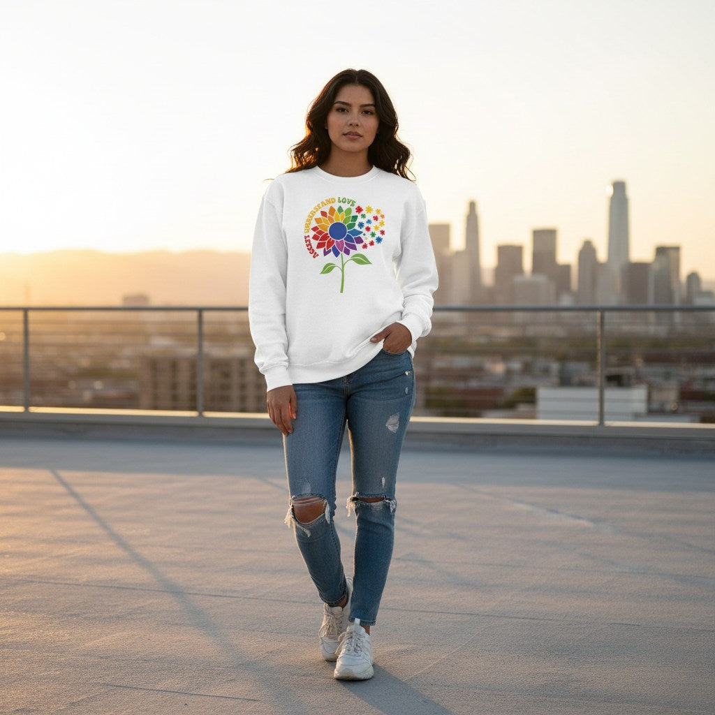 Latina woman wearing a white rainbow sunflower autism awareness sweatshirt.