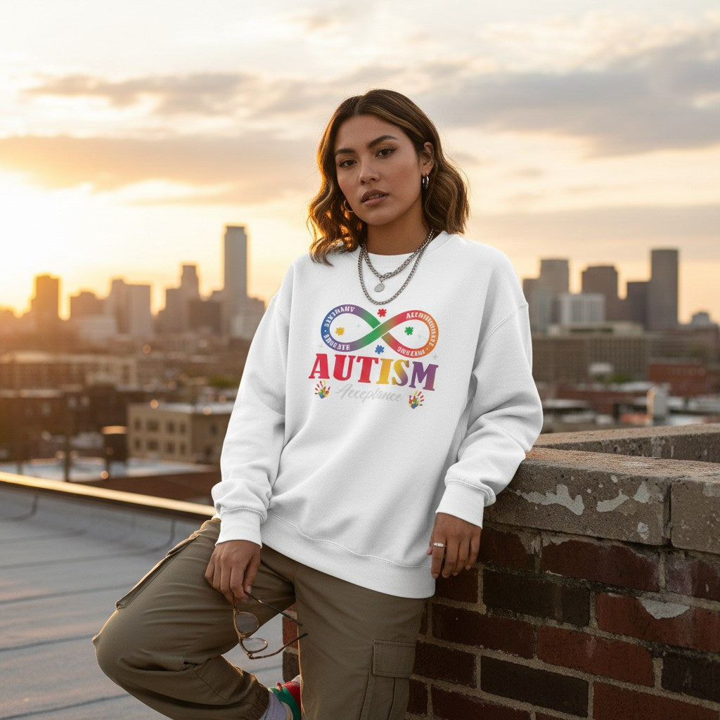 Latina woman wearing a white autism acceptance infinity rainbow sweatshirt.