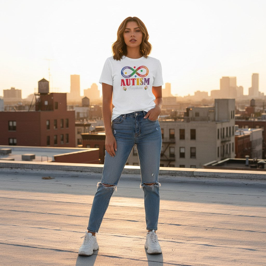 Latina woman wearing a white autism acceptance infinity T-shirt.